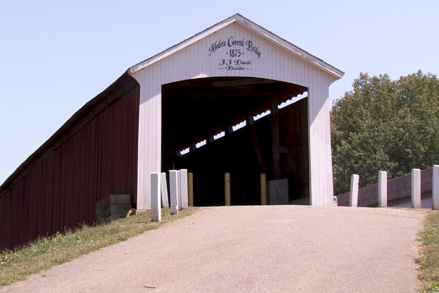 Exterior of the Medora Covered Bridge entrance.