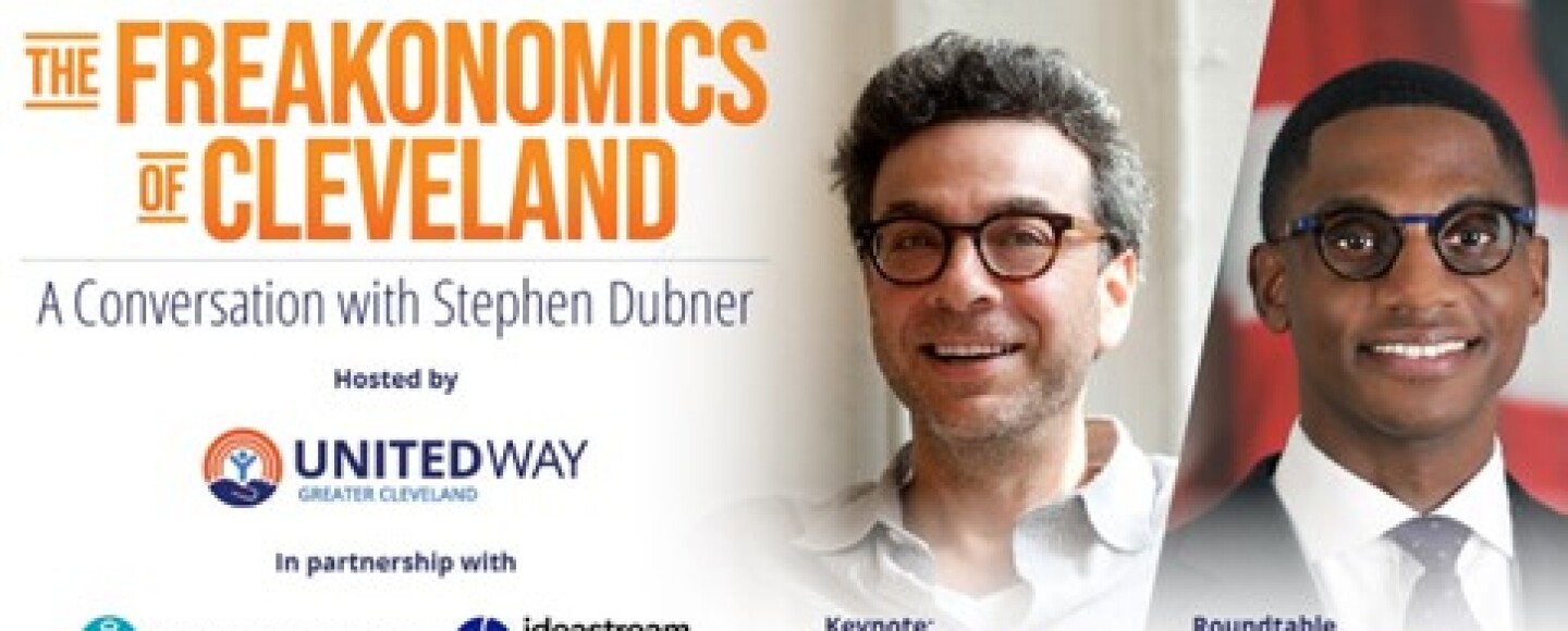The Freakonomics of Cleveland graphic with event details, along with pictures of Stephen Dubner and Justin Bibb.