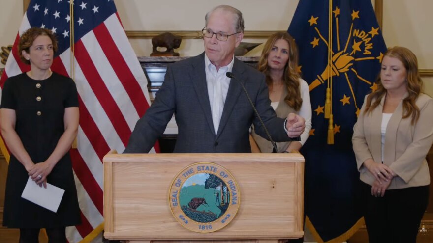Gov. Mike Braun speaks about his administration's $200 million plan to restart Indiana's frozen child care voucher program at the Statehouse on Tuesday, April 14, 2026.