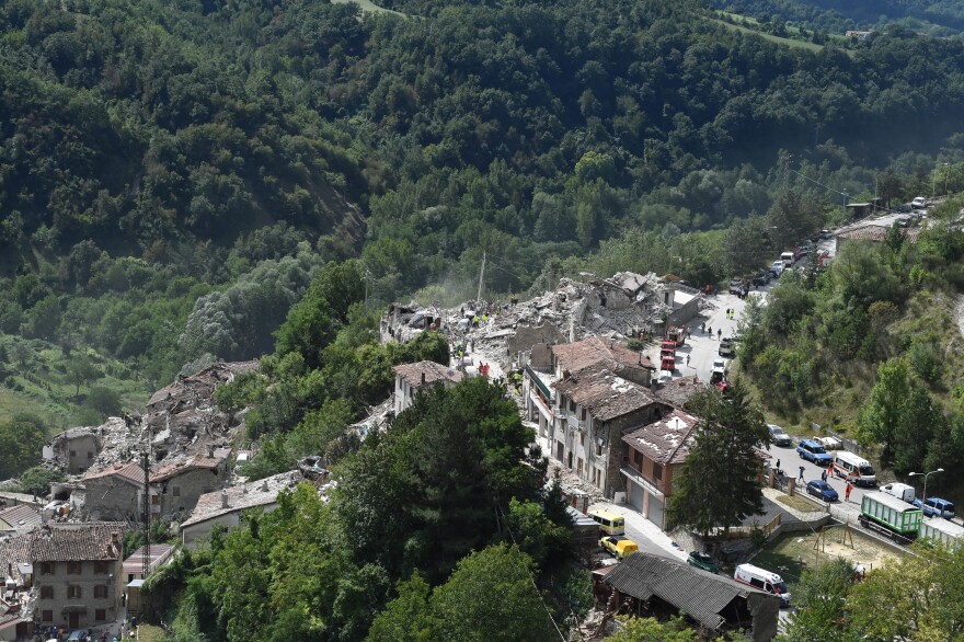 An overview of Pescara del Tronto shows damage caused by an earthquake early Wednesday morning. Numerous buildings have collapsed in mountain towns near the quake in central Italy.