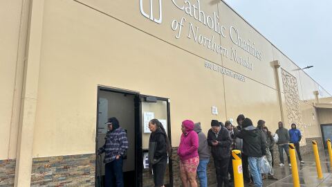 Clients line up at the St. Vincent's Food Pantry in downtown Reno on Nov. 5, 2025. The Trump Administration released only partial SNAP benefits for the month, leaving some recipients with less than half of their normal amount of aid.