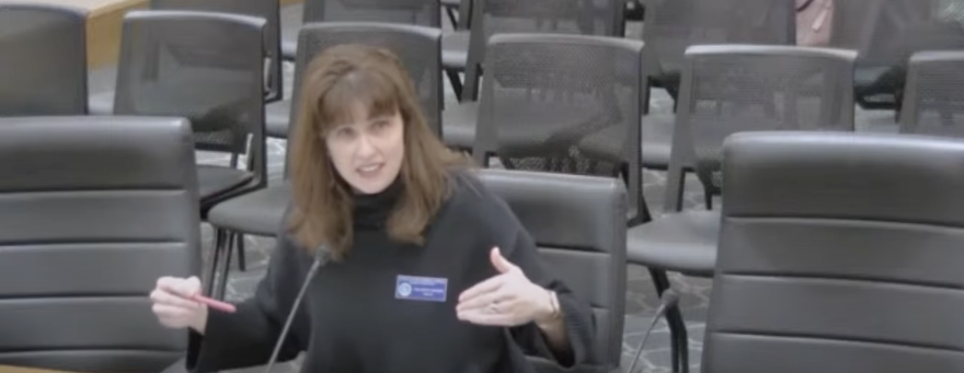 A woman testifies into a microphone