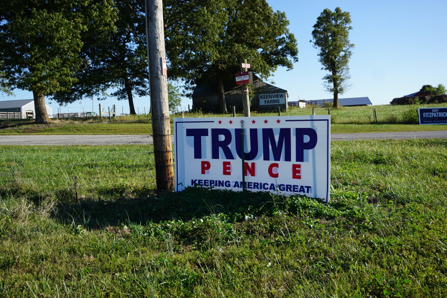 A Trump - Pence sign in southern Missouri, an area where President Trump won overwhelmingly in 2016. Now farmers are analyzing his farm policy and that of his oppoent, Joe Biden, in advance of the Nov. 3 election.
