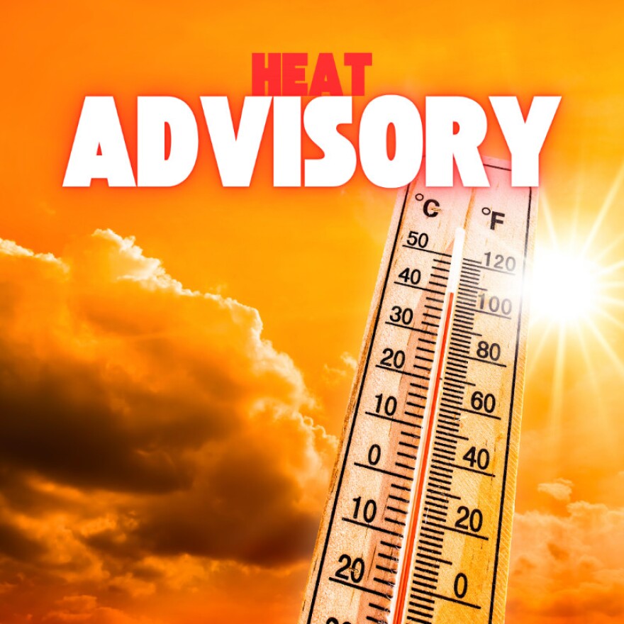 Compilation of a sunny sky and weather thermometer with the words "Heat Advisory"