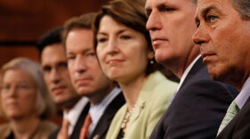House Minority Leader John Boehner (far right), the likely speaker in a GOP-led House, with other Republican House leaders, including (from left) Candice Miller (MI), House Minority Whip Eric Cantor (VA), Peter Roskam (IL), Cathy McMorris Rodgers (WA) and Kevin McCarthy (CA).