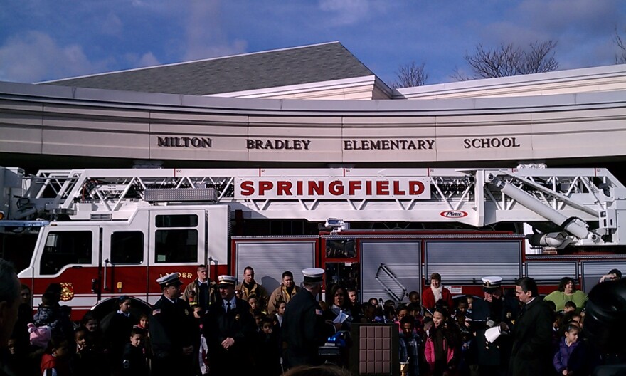 The Springfield Fire Department shows off a new aerial ladder truck during a visit to an elementary school