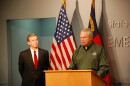 Mike Sprayberry speaks alongside former Governor Roy Cooper at a March 2020 COVID-19 press conference. Photo courtesy of the North Carolina Department of Public Safety