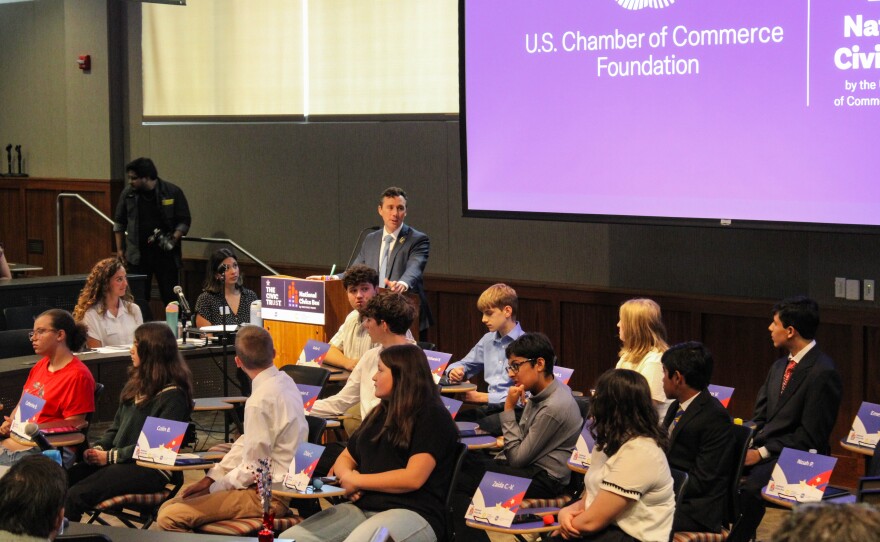 Kansas Commissioner of Education Jake Steel addresses the 2026 competitors at the state championships for the National Civics Bee.