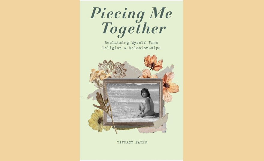 Cover of "Piecing Me Together" by Tiffany Payne; framed photo of a girl sitting on a beach, flowers surround the frame