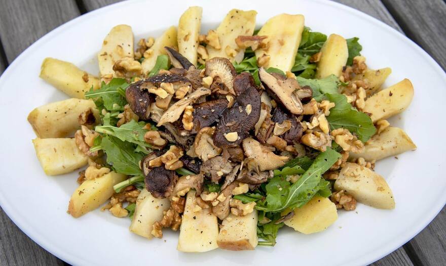 Roasted Apple and Mushroom Salad on Arugula (Robin Lubbock/WBUR)