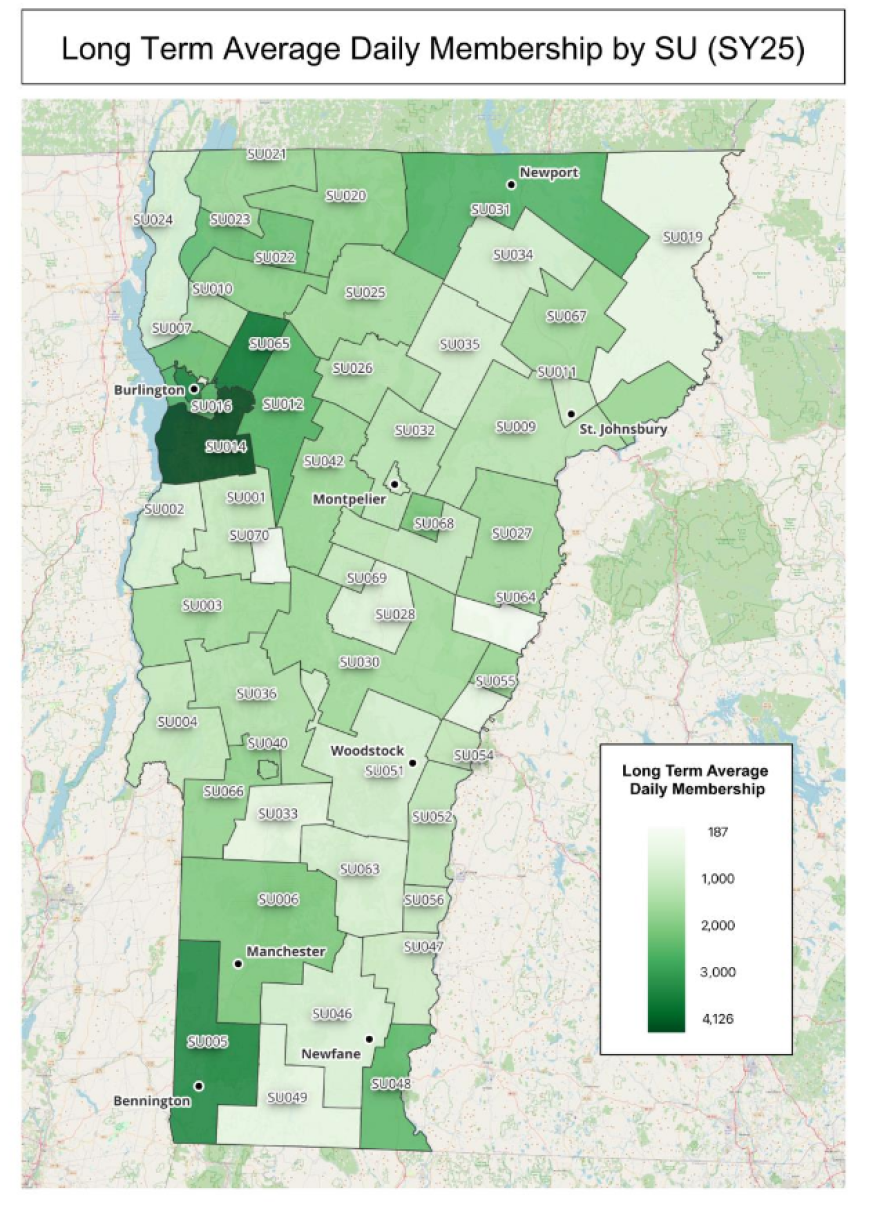 A green map of Vermont showing student membership by district.