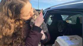 A woman in a purple jacket cuuddles a cat