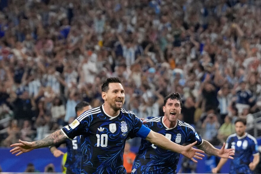 Argentina's Lionel Messi (10) celebrates scoring his side's 3rd goal during the World Cup Group J soccer match between Jordan and Argentina in Arlington, Texas, near Dallas, Saturday, June 27, 2026.