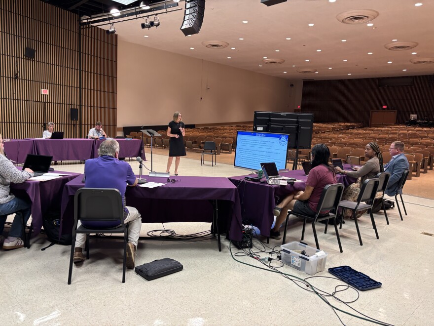 A woman stands in front of a screen in an auditorium, presenting to a group. 