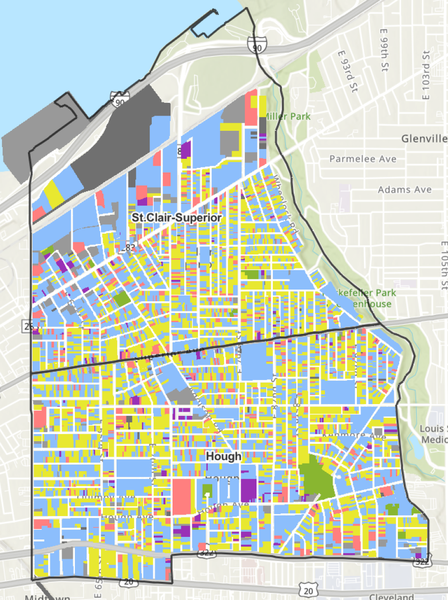 A color-coded map depicts conditions in St. Clair-Superior and Hough. Yellow represents vacant lots, red indicates vacant structures. Blue parcels have occupied structures.