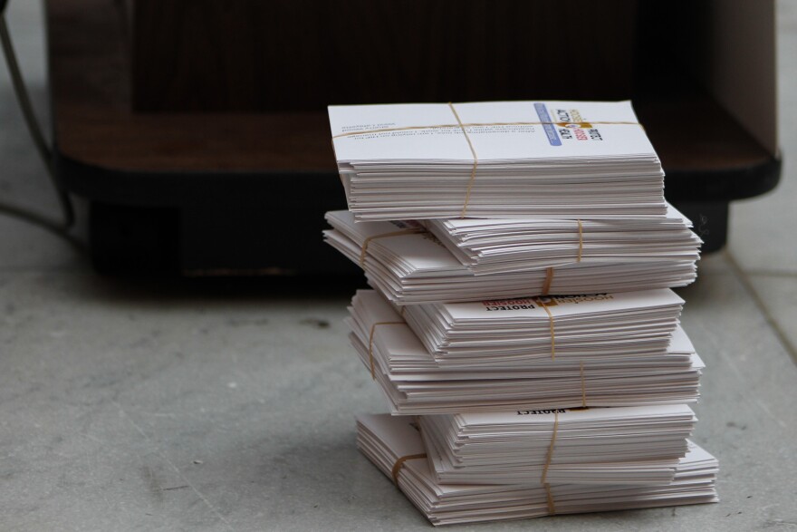 Demonstrators with Hoosier Action delivered hundreds of stories to Gov. Mike Braun to explain how important Medicaid is in the lives of everyday Hoosiers.