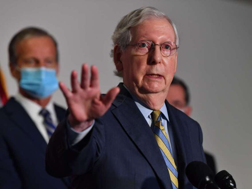 US Senate Majority Leader Mitch McConnell (R-KY) speaks at a press conference at the US Capitol on September 22, 2020 in Washington, DC, as McConnell said in a statement that the Senate would take up President Donald Trumps nominee for the Supreme Court following the death of Justice Ruth Bader Ginsburg. - There is "overwhelming precedent behind the fact that this Senate will vote on this nomination this year," said Republican Senate majority leader Mitch McConnell, dismissing comparisons to when GOP members refused in 2016 to vote on a replacement nominated by President Barack Obama for the late Justice Antonin Scalia. (Photo by Nicholas Kamm / AFP) (Photo by NICHOLAS KAMM/AFP via Getty Images)