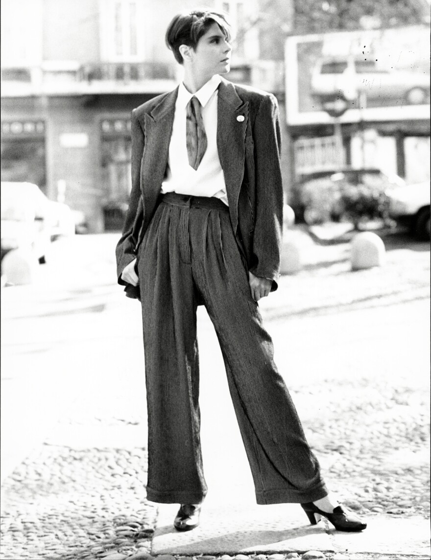 A model wears an Emporio Armani suit at a Paris fashion show in 1989.