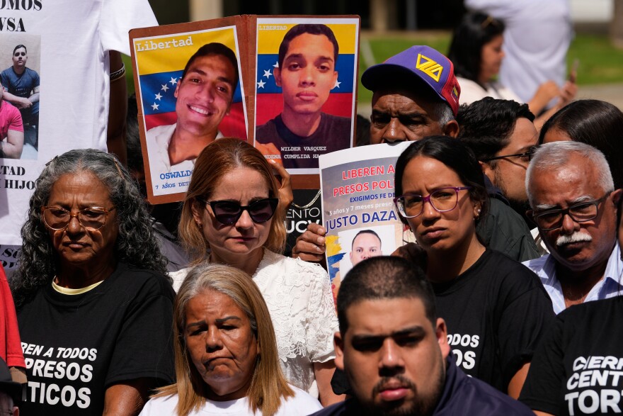 Relatives of Venezuelan political prisoners gather at the Central University of Venezuela to call for their release in Caracas on Tuesday, Jan. 13, 2026.