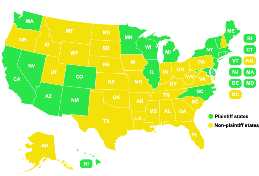 A map of the U.S. shows west coast, east coast and some midwest states in green. Those are plaintiff states. The rest of the U.S. is in yellow, so non-plaintiff states.