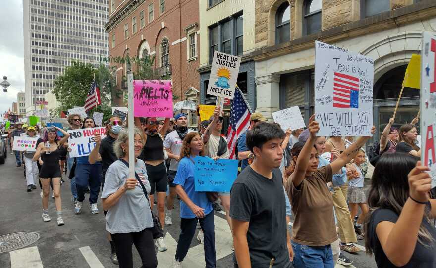 Thousands of demonstrators protest the administration of President Donald Trump on Saturday, June 14, 2025.