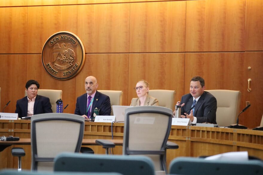 The Behavioral Health Reform and Investment Act’s executive committee — from left to right: Dr. Violette Cloud, Behavioral Health Services Division Director Nick Boukas, Health Care Authority Secretary Kari Armijo and Administrative Office of the Courts Director Karl Reifsteck — pictured on Aug. 5, 2025. (Source NM file photo)