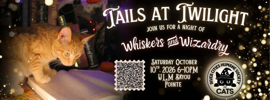 A poster of the Tails at Twilight fundraiser, with a picture of a cat on the left side.