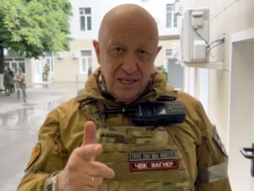 In this handout photo taken from video released by Prigozhin Press Service, Yevgeny Prigozhin, the owner of the Wagner Group military company, records his video addresses in Rostov-on-Don, Russia, Saturday, June 24, 2023.