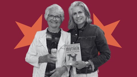 Monica Nassif holds up her book and Thelma Meyer holds up a Mrs. Meyer's product. 
