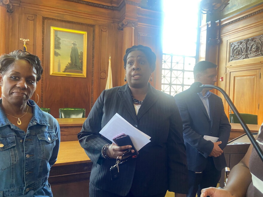 Springfield School Superintendent Dr. Sonia Dinall (center) speaks at a press conference Sept. 8 about the recent cyber attack.