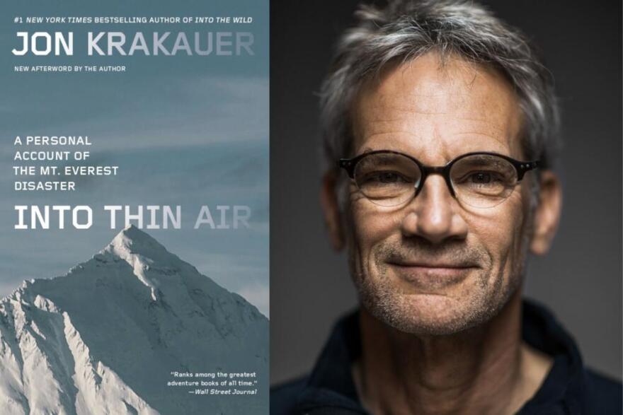 The cover of "In Thin Air" and author Jon Krakauer. (Courtesy of Penguin Random and Scott McDermott)