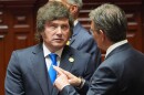 Argentina's President Javier Milei, left, talks to Bolivia's President Rodrigo Paz the inauguration of Peru's new President Keiko Fujimori in Lima, Peru, Tuesday, July 28, 2026.