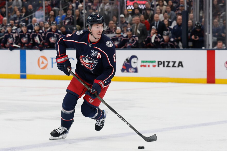 FILE - Columbus Blue Jackets' Zach Werenski plays against the Los Angeles Kings during an NHL hockey game, March 9, 2026, in Columbus, Ohio.