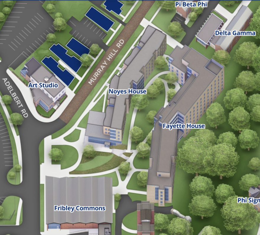 A screenshot from an online campus map shows the new Noyes House and Fayette House at the South Residential Village on the Case Western Reserve University campus.