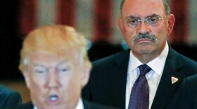 Allen Weisselberg, the Trump Organization's longtime chief financial officer, watches as then-U.S. Republican presidential candidate Donald Trump addresses a 2016 news conference at Trump Tower in New York City.