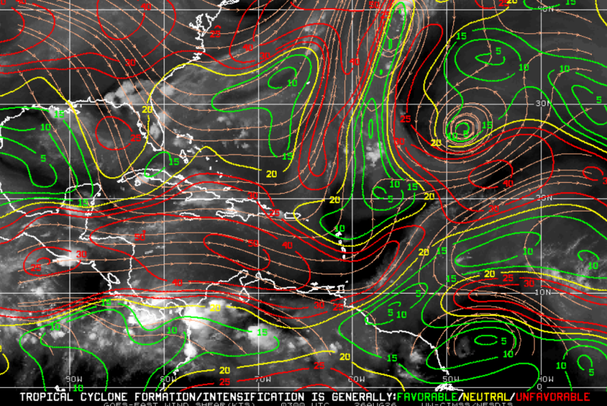 Map showing wind shear across the Gulf, Caribbean and Atlantic on August 26, 2026.