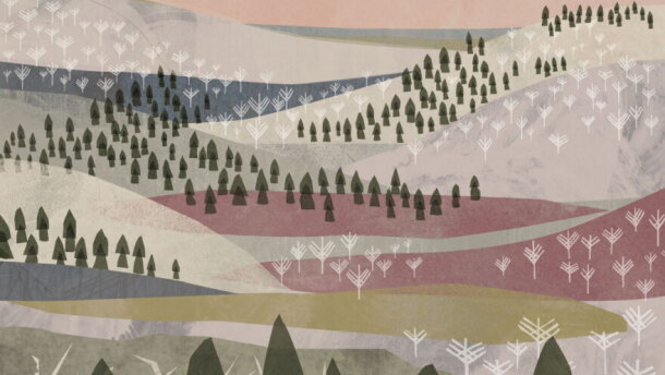 Stylized painting of a winter landscape