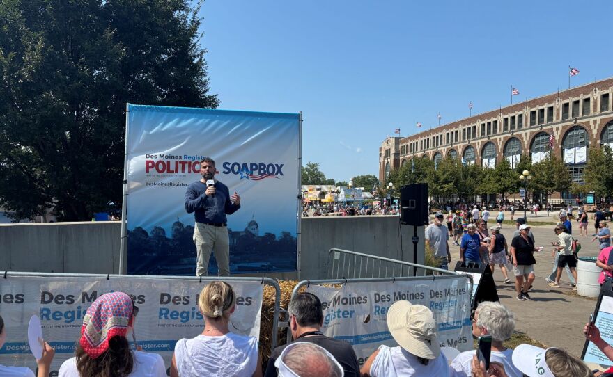 Democratic candidate for Iowa attorney general Nate Willems spoke during the Des Moines Register Political Soapbox at the state fair on Aug. 21.