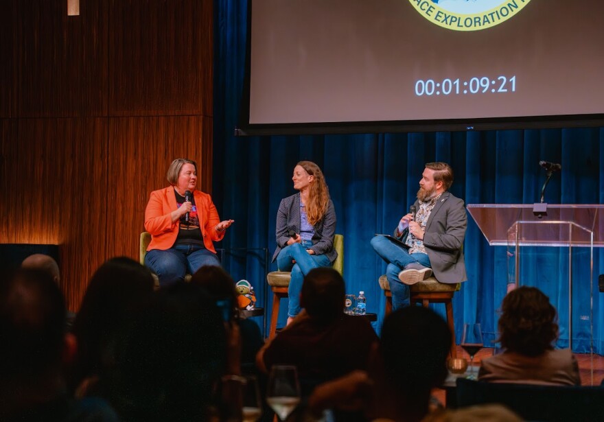 UCF's Addie Dove and Kerri Donaldson Hannah speak with Brendan Byrne at the first Space on Tap event at the Judson's Live in Orlando.