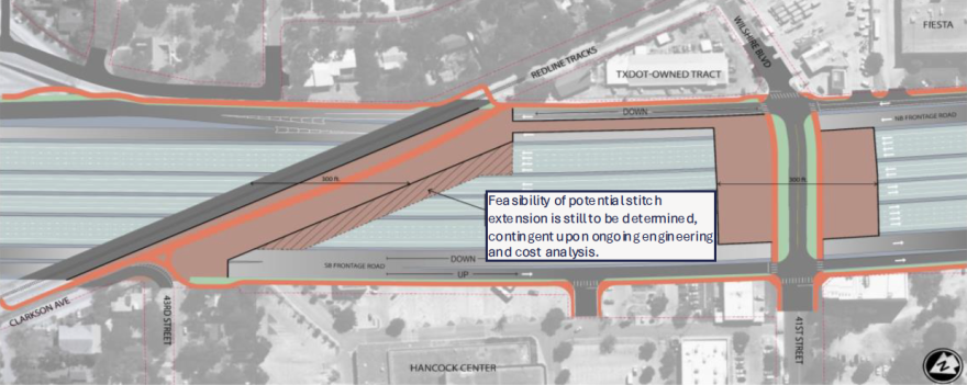 An overhead map showing the locations of two stitches near the Hancock Center. One would run on either side of 41st Street. The other would follow CapMetro's Red Line.