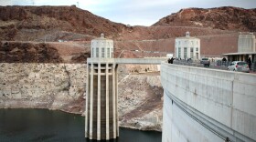 Lake Mead sits low behind Hoover Dam, near Boulder City, Nevada on December 16, 2021.