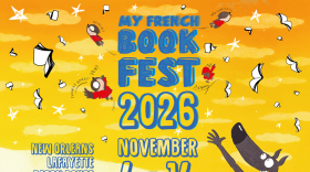 Cartoon image of New Orleans, Lafayette, and Baton Rouge - My French Book Fest 2026- November 4th through 14th.