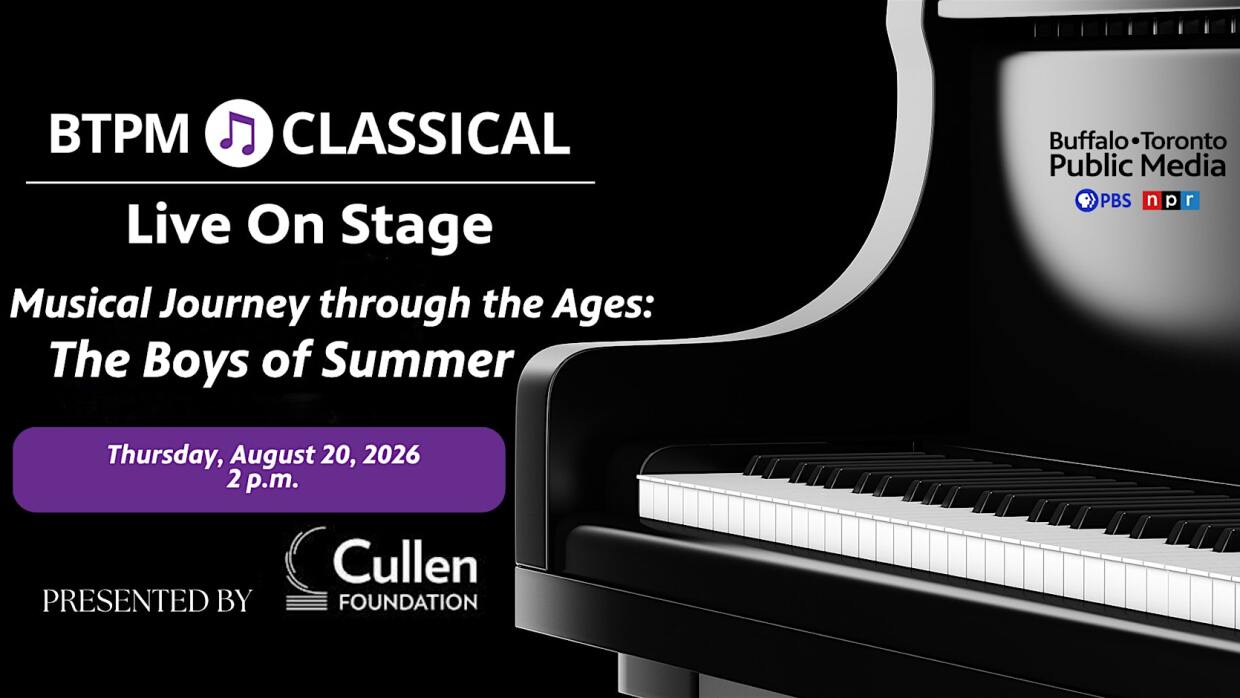 black grand piano against a black background. White BTPM Classical Live On Stage logo, white text reading A MUSICAL JOURNEY THROUGH THE AGES: THE BOYS OF SUMMER. PRESENTED BY followed by a white Cullen Foundation logo.