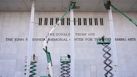 New signage, The Donald J. Trump and The John F. Kennedy Memorial Center For The Performing Arts, is unveiled on the Kennedy Center, Friday, Dec. 19, 2025, in Washington.