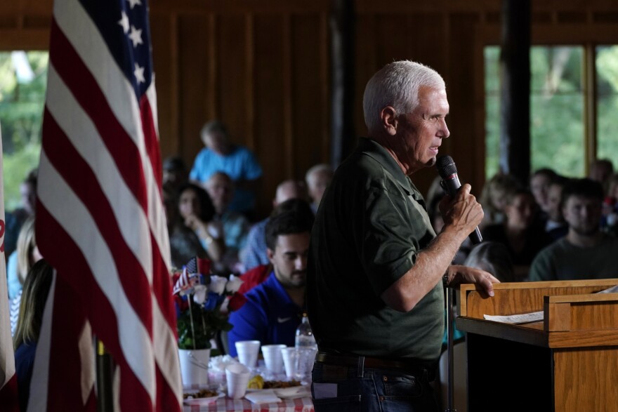 Republican presidential candidate and former Vice President Mike Pence speaks at the Clinton County GOP Hog Roast, Sunday, July 30, 2023, in Clinton, Iowa.