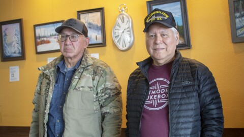 Alaska Native Veterans Association members Darrell Frank (left) and Hugh Walker (right) pictured at the River City Cafe on April 25, 2026.