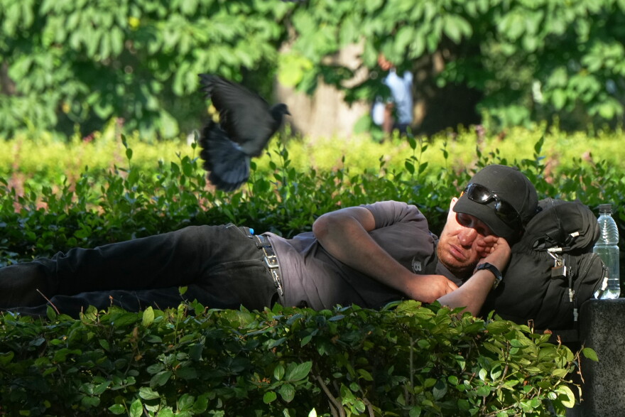 A man sleeps in a park in St. Petersburg, Russia, Monday, July 13, 2026.