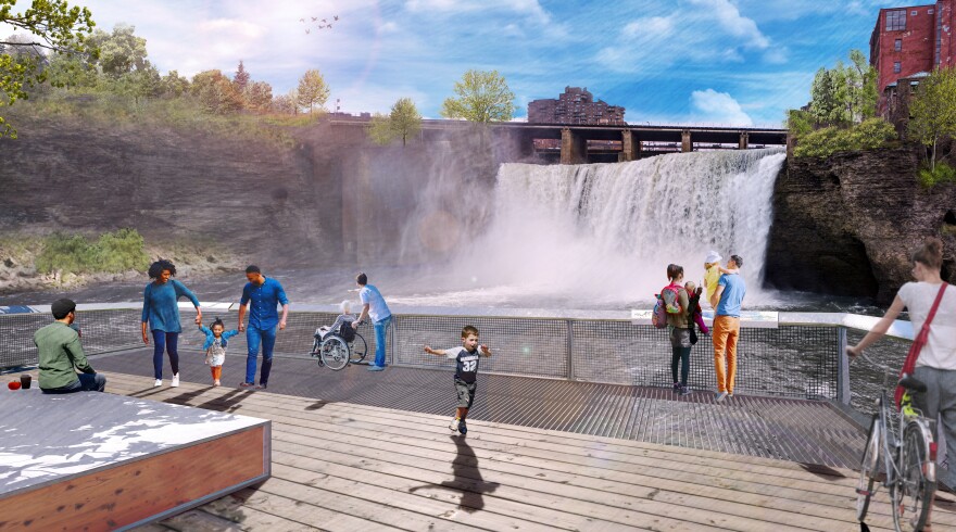 A rendering of what could be built in the proposed High Falls State Park shows families and other visitors on an envisioned boardwalk over the riverway near the base of the falls.