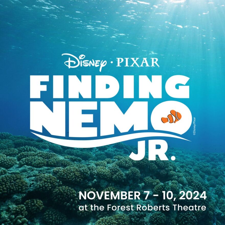 Disney Pixar Finding Nemo Jr. logo and underwater background image, noting November 7 - 10, 2024 performances at Forest Roberts Theatre