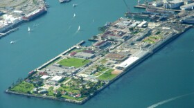Aerial photograph of Reservation Point on Terminal Island, with the prison in the top right. (Porfirio Alejandro Díaz/Creative Commons)